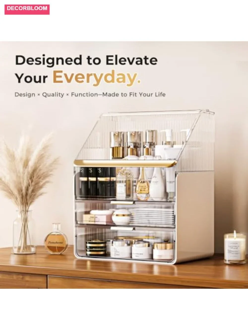 Acrylic Makeup Organizer with Drawers & Dustproof Lid